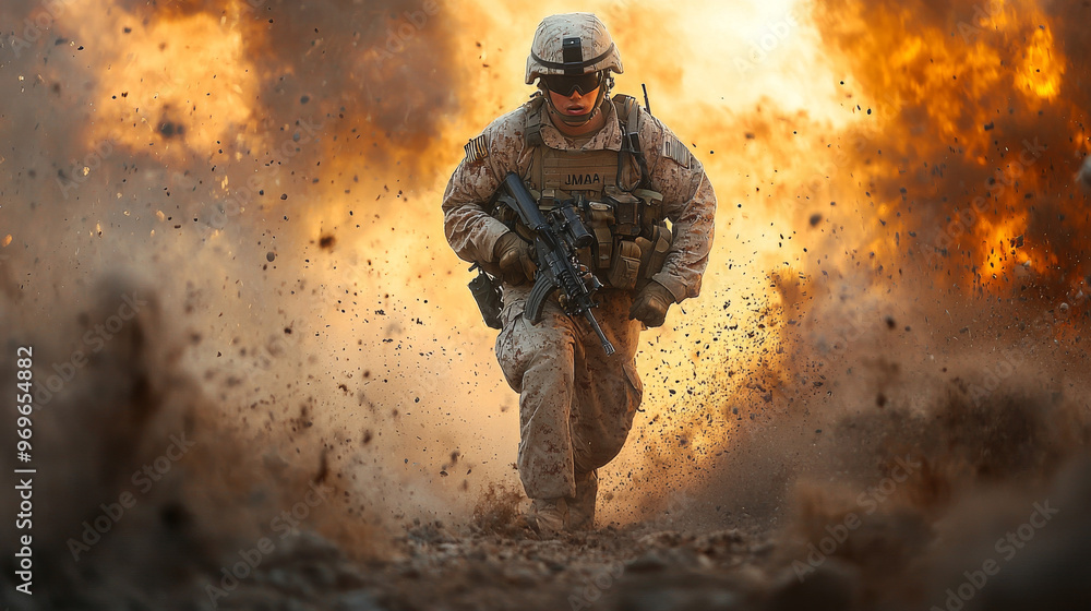 Soldier running through an explosion. Soldier running through an explosion.