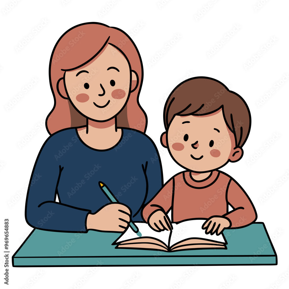 Mother helping child with homework in a cheerful mood at a study space Mother helping child with homework in a cheerful mood at a study space