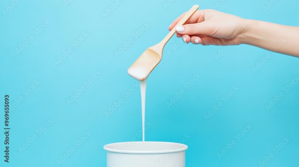 Woman's Hand Pouring Wax From Wooden Spatula Into White Bowl. Woman's Hand Pouring Wax From Wooden Spatula Into White Bowl.