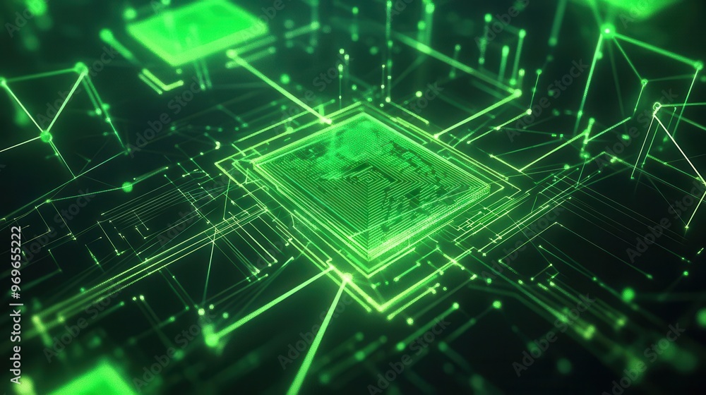 Quantum computing core enveloped in neon green light, with flowing data streams and geometric algorithmic symbols radiating from it, in a vibrant digital realm Quantum computing core enveloped in neon green light, with flowing data streams and geometric algorithmic symbols radiating from it, in a vibrant digital realm