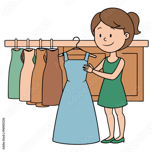 Cheerful young woman shopping for a beautiful dress in a clothing store