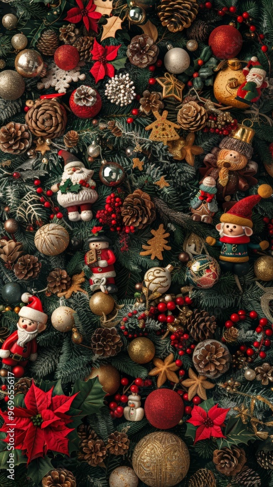Naklejka premium A beautiful collection of red and gold Christmas baubles, pinecones, and glittering details on green pine branches, embodying holiday spirit and tradition.