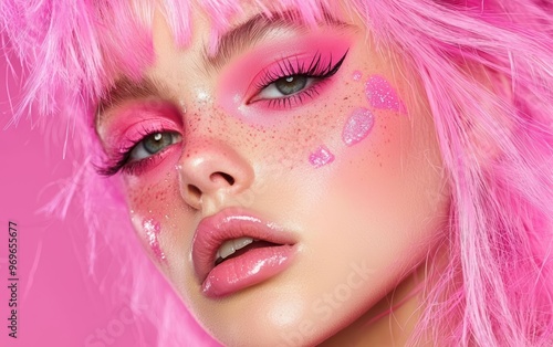 How can the pink hair and matching makeup in the image be used to represent the blending of art and fashion in a creative makeup line