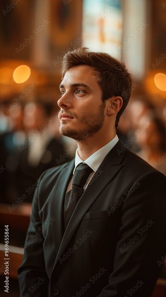 Groom in tuxedo standing in a church during a wedding ceremony. Groom in tuxedo standing in a church during a wedding ceremony.