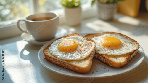 a cozy breakfast banner featuring sunny-side-up eggs on toast and a cup of coffee on a bright kitchen counter, perfect for a relaxing morning photo