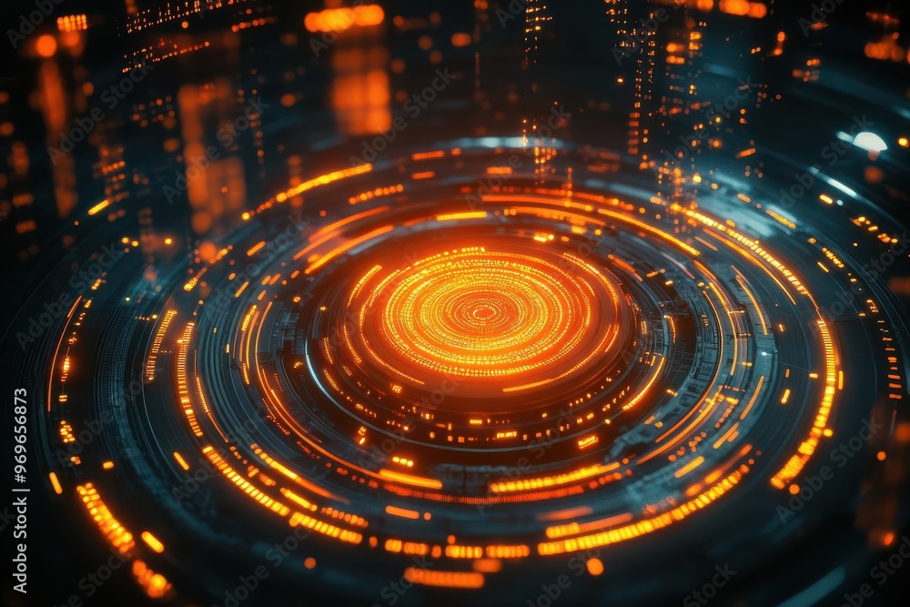 Obraz premium Quantum computing core pulsating with orange light, encircled by rapidly moving data streams and intricate algorithmic patterns, floating in a dark, futuristic space