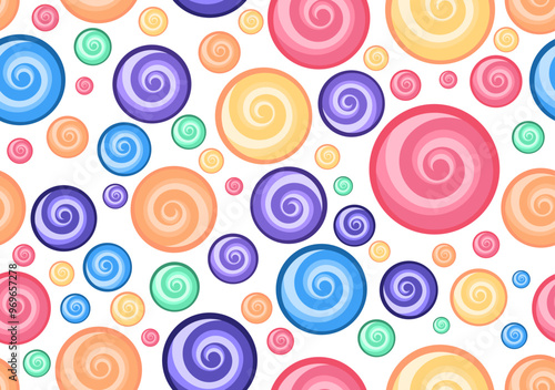 Childlike colourful spiral seamless pattern, popart imagination swirl texture, hypnosis twist background for children presentation, retro booklet, psychedelic party poster, funny vector ornament