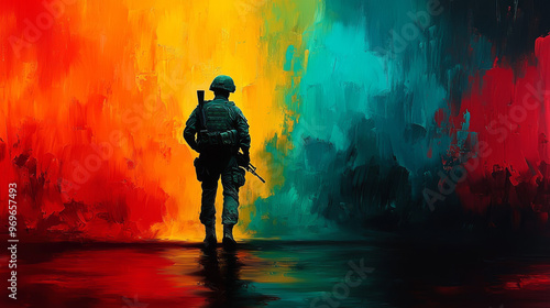 A lone soldier stands in a vibrant, abstract landscape.