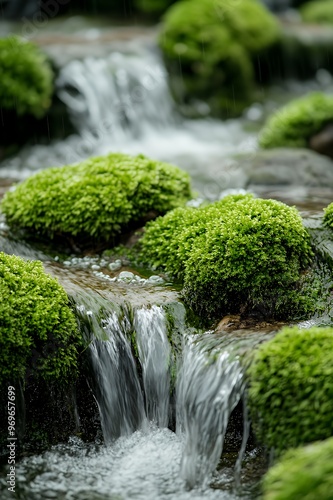 Close up of a small waterfall flowing over moss covered rocks.