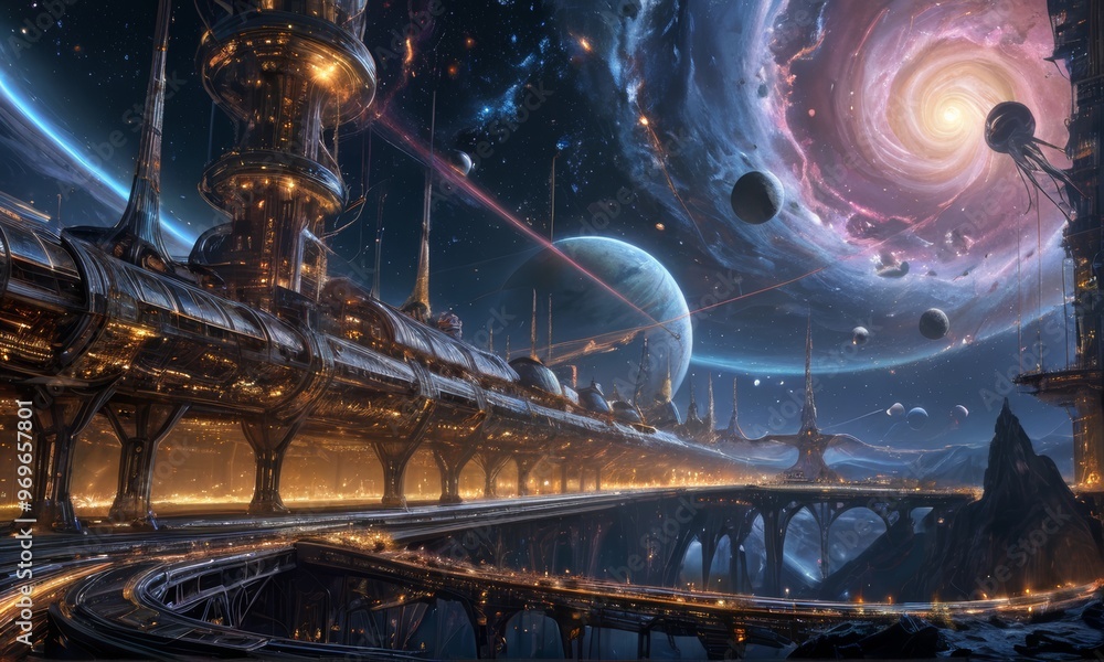 Futuristic Cityscape on Alien World with Cosmic Vortex