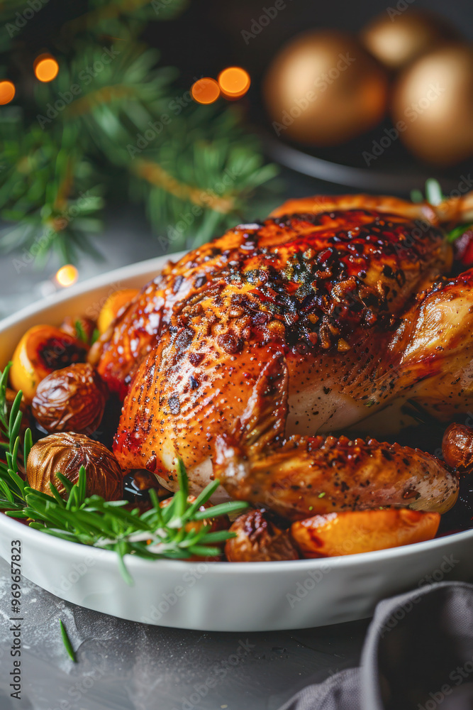 A beautifully roasted chicken garnished with rosemary and roasted vegetables, set in a festive ambiance with Christmas decorations in the background. A beautifully roasted chicken garnished with rosemary and roasted vegetables, set in a festive ambiance with Christmas decorations in the background.