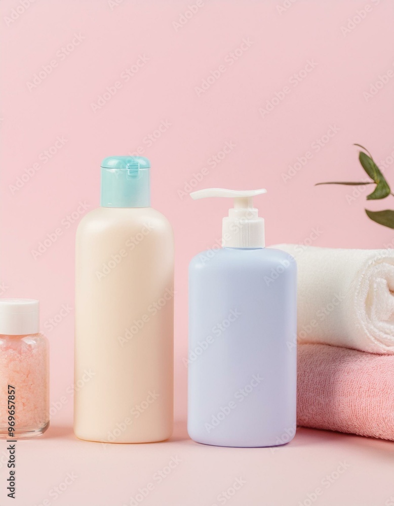 Pastel skincare bottles product with towels and leaves relaxation cosmetic advertisement Pastel skincare bottles product with towels and leaves relaxation cosmetic advertisement