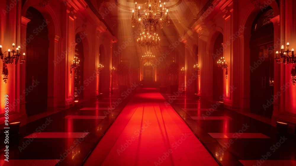 Obraz premium A long red carpet leads through a grand, dimly lit hallway, illuminated by warm light from chandeliers.
