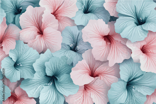 3D render of hibiscus flowers in pastel blue and pink colors, seamless pattern-gigapixel-standard-scale-4_00x