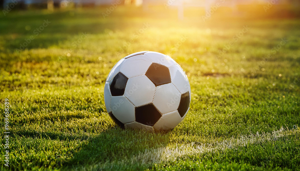 Fototapeta premium Football ball on grass, green field with sunlight. Professional competition and active sport.