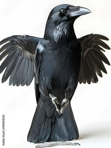 Majestic raven perched with piercing watchful gaze and outstretched wings in a dramatic high contrast monochrome portrait  The bird s intelligent photo