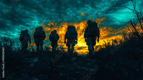 Silhouettes of soldiers walking through a field at sunset.
