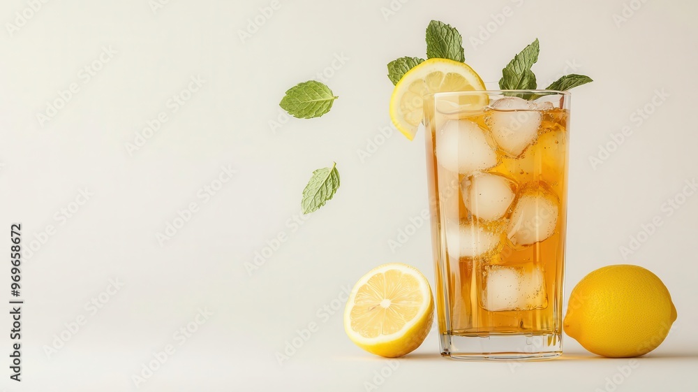 Fototapeta premium Ice tea splashing in a tall glass with lemon slices and mint leaves flying, Drink splash, refreshment, summer mood
