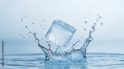 Ice cube dropped into water, creating a splash with tiny droplets, Water splash, cool refreshment, impact photo