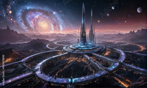 Wallpaper Mural Futuristic Cityscape on Alien World with Cosmic Vortex Torontodigital.ca