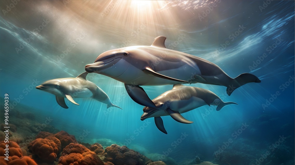 Fototapeta premium Playful dolphins swimming gracefully underwater with sunlight streaming through the ocean