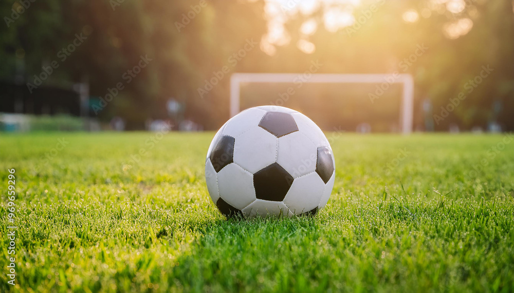 Fototapeta premium Football ball on grass, green field with sunlight. Professional competition and active sport.