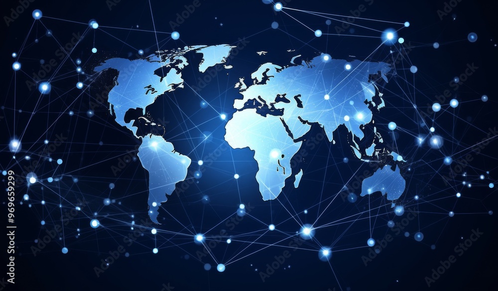 Digital Connections Surrounding the World on Blue Background, Representing Global Network and Connectivity Digital Connections Surrounding the World on Blue Background, Representing Global Network and Connectivity