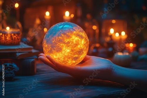 Glowing crystal ball held by hand in candlelight, mystical and enchanting photo