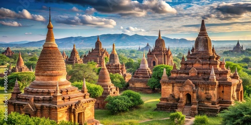 * Ancient Buddhist temples and pagodas stand tall, their intricate spires piercing the sky in the mystical ruins of Old Bagan. photo