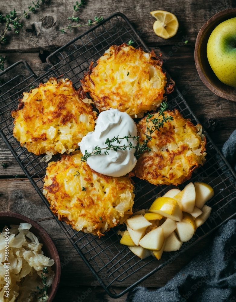 Delicious homemade potato latkes with sour cream and fresh apples Delicious homemade potato latkes with sour cream and fresh apples