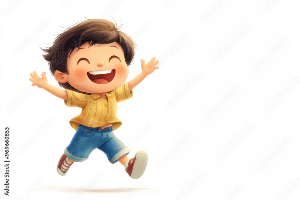 A cartoon boy is jumping in the air with a big smile on his face A cartoon boy is jumping in the air with a big smile on his face