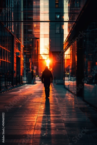 Wallpaper Mural A solitary figure walks down a city street bathed in golden sunset light amidst tall buildings Torontodigital.ca