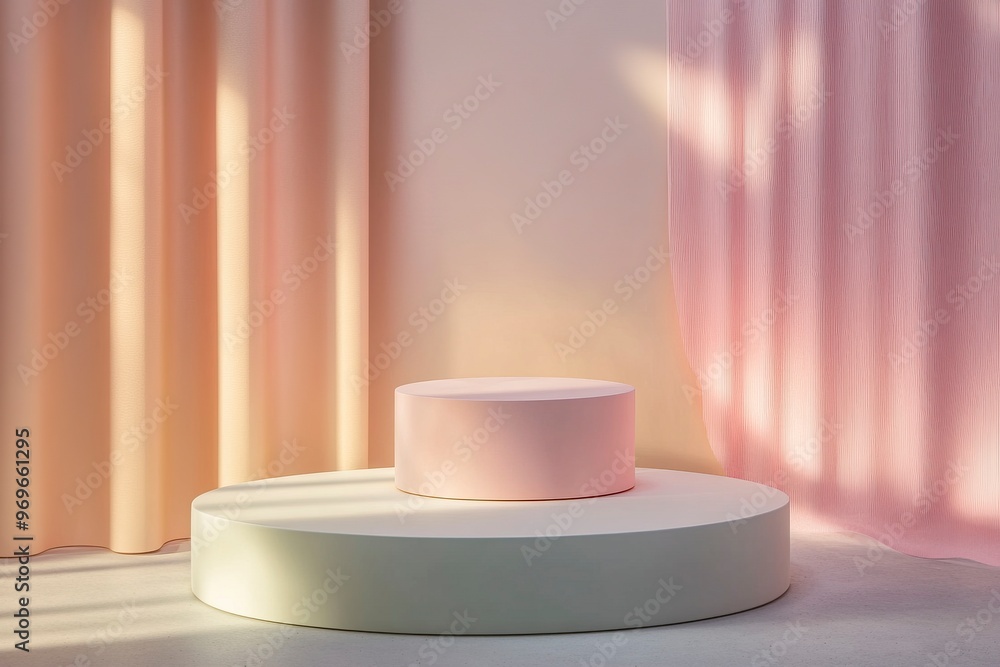 Pastel-colored round podium with soft lighting, creating a warm and welcoming atmosphere for everyday products. generative ai Pastel-colored round podium with soft lighting, creating a warm and welcoming atmosphere for everyday products. generative ai