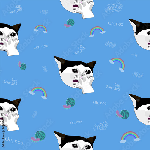 The pattern (infinite picture) of the cat meme is a surprised cat. The illustration is made in pastel cold colours. The picture conveys a joke, humour, meme, surprise, amazement.
