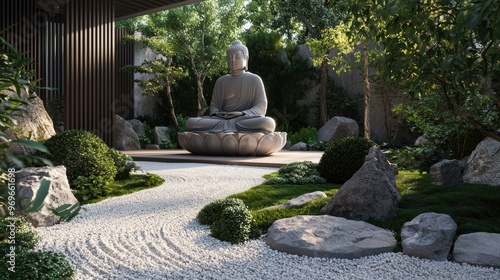 A zen meditation garden, surrounded by tranquility and health focused elements, 50 keywords