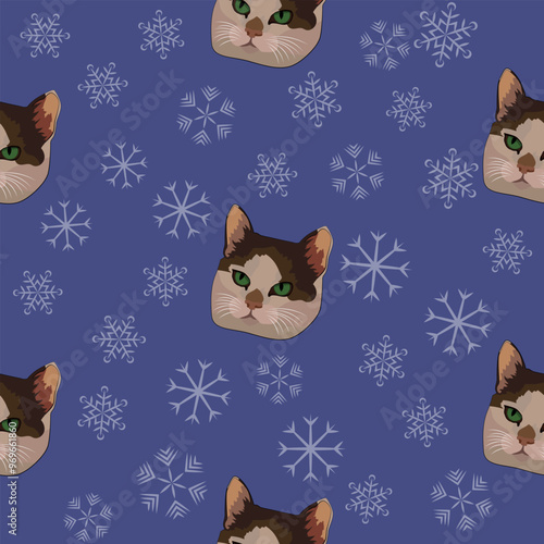 The pattern (infinite picture) of the cat meme is a white and brown cat that is unhappy. The illustration is made in cold colors. The picture conveys a joke, humor, meme.