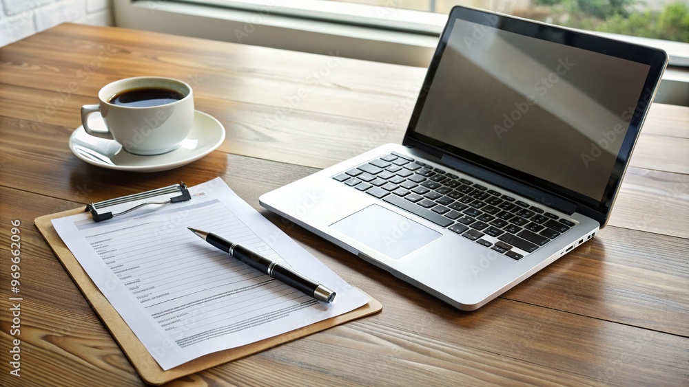 A neatly organized desk showcases a laptop, pen, and coffee cup, accompanied by a stack of neatly printed papers and a cover letter, awaiting the perfect job opportunity. A neatly organized desk showcases a laptop, pen, and coffee cup, accompanied by a stack of neatly printed papers and a cover letter, awaiting the perfect job opportunity.