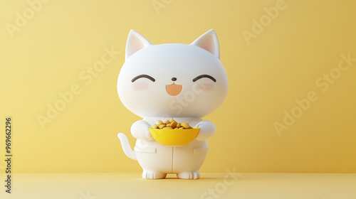 Cute cartoon cat holding bowl of food, smiling joyfully against yellow background. This adorable character embodies happiness and playfulness, perfect for pet lovers photo