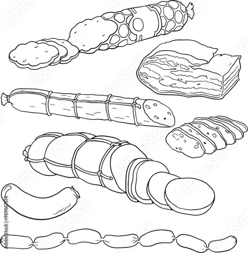 sausage hand drawn doodle illustrations vector set - balck and white