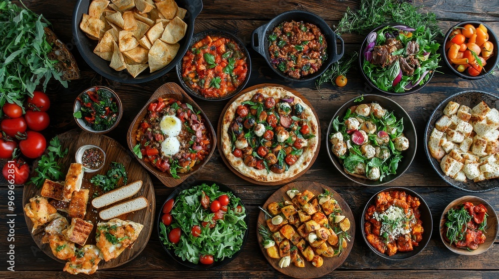 A vibrant array of gourmet dishes laid out on a rustic wooden table, ready for a feast, 50 keywords A vibrant array of gourmet dishes laid out on a rustic wooden table, ready for a feast, 50 keywords