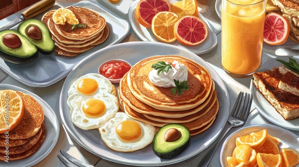A delicious breakfast spread with pancakes, scrambled eggs, avocado toast, and fresh orange juice, 50 keywords A delicious breakfast spread with pancakes, scrambled eggs, avocado toast, and fresh orange juice, 50 keywords