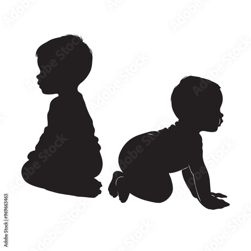 baby and toddler silhouette isolated on white background. Sitting, crawling and standing silhouette on a white background