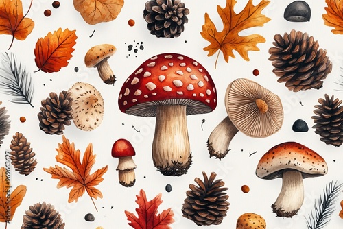 Illustration of wild mushrooms with autumn leaves and pinecones in a woodland pattern photo