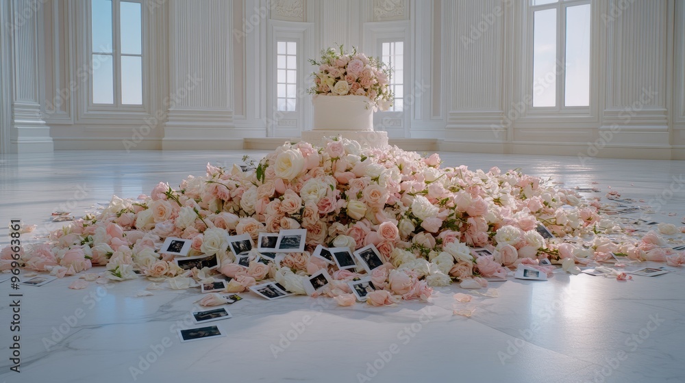 Fototapeta premium Scattered Polaroid photos create a nostalgic touch on the floor, while a stunning wedding cake and soft pastel pink flowers enhance the romantic atmosphere of the venue