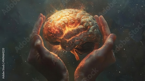 2 hands hold a painted cut-out brain. The brain was drawn minimalistically, illuminated from behind you can see a galaxy-like expansion of the light, galaxy brain dust, photo