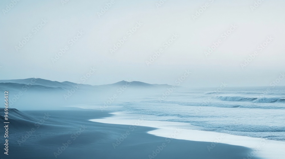 Seaside misty morning with gentle waves and Seaside misty morning with gentle waves and