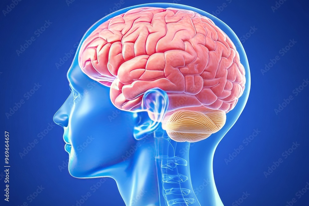 Obraz premium Quantum tunneling quantum coherence fractal geometry signal transduction and energy propagation detailed anatomical illustration of the human brain in a transparent head on a blue background