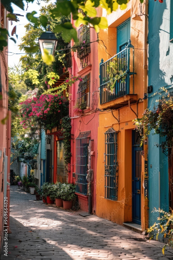Obraz premium Charming alleyway adorned with vibrant colors and lush plants in a historic neighborhood