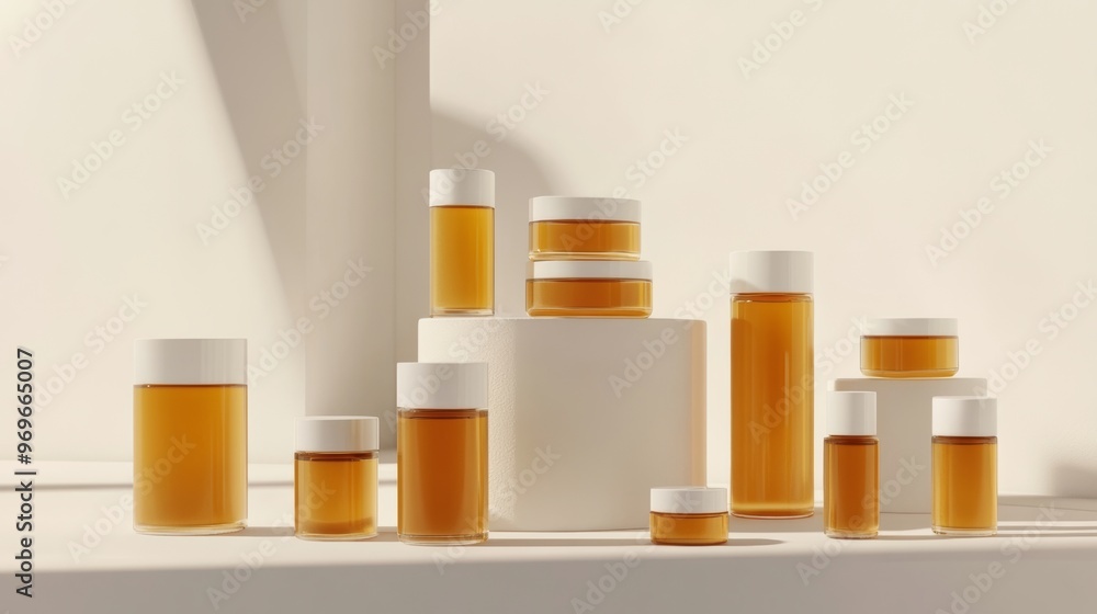 Amber Glass Bottles with White Caps on a White Background. Amber Glass Bottles with White Caps on a White Background.