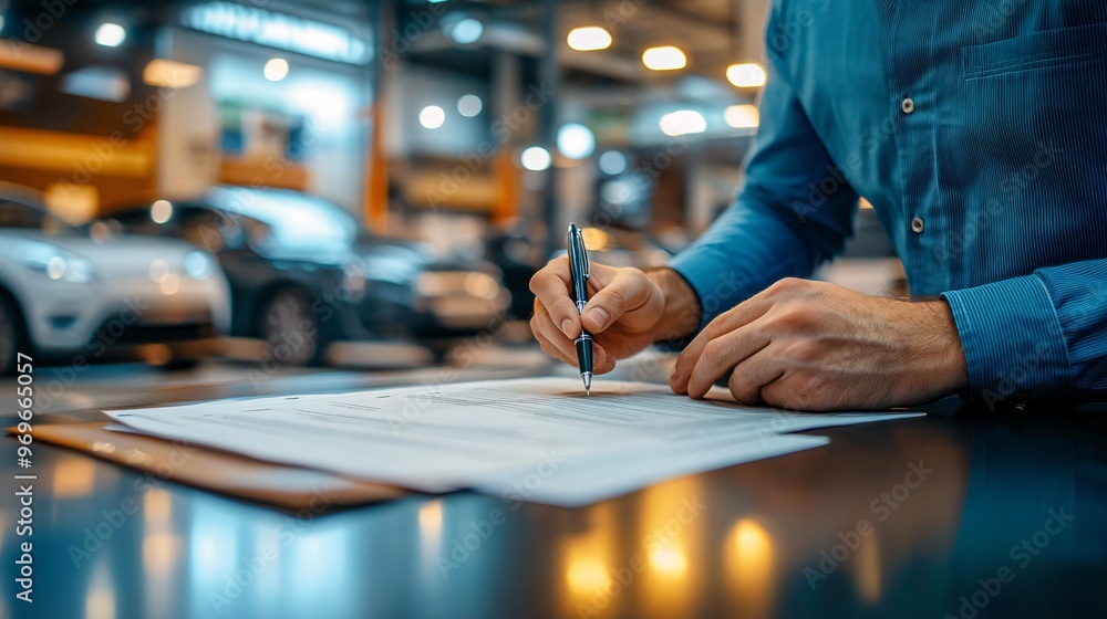 Man in Blue Shirt Signing Documents – Automobile Showroom Background, Focus on Hands Man in Blue Shirt Signing Documents – Automobile Showroom Background, Focus on Hands